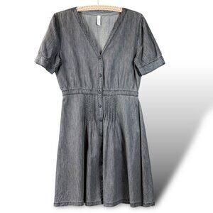 L Love Denim Dress Womens Sz L Grey Wash Chambray Puff Sleeve Pintuck Button-Up